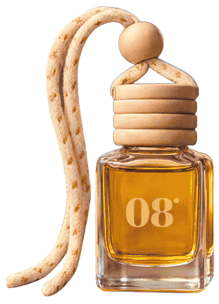 08 Degree glass fragrance bottle with a wooden cap and hanging cord