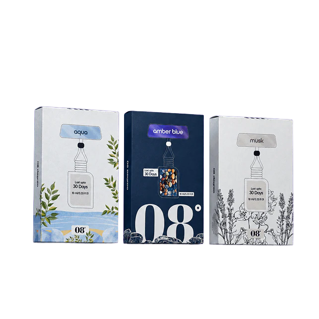 08 Degree Aqua, Amber Blue and Musk car freshener boxes with original packaging and artwork